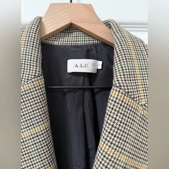 ALC Sedgwick Green Yellow Plaid Gold Double Breasted Blazer Preppy Fall Tailored - Picture 3 of 16